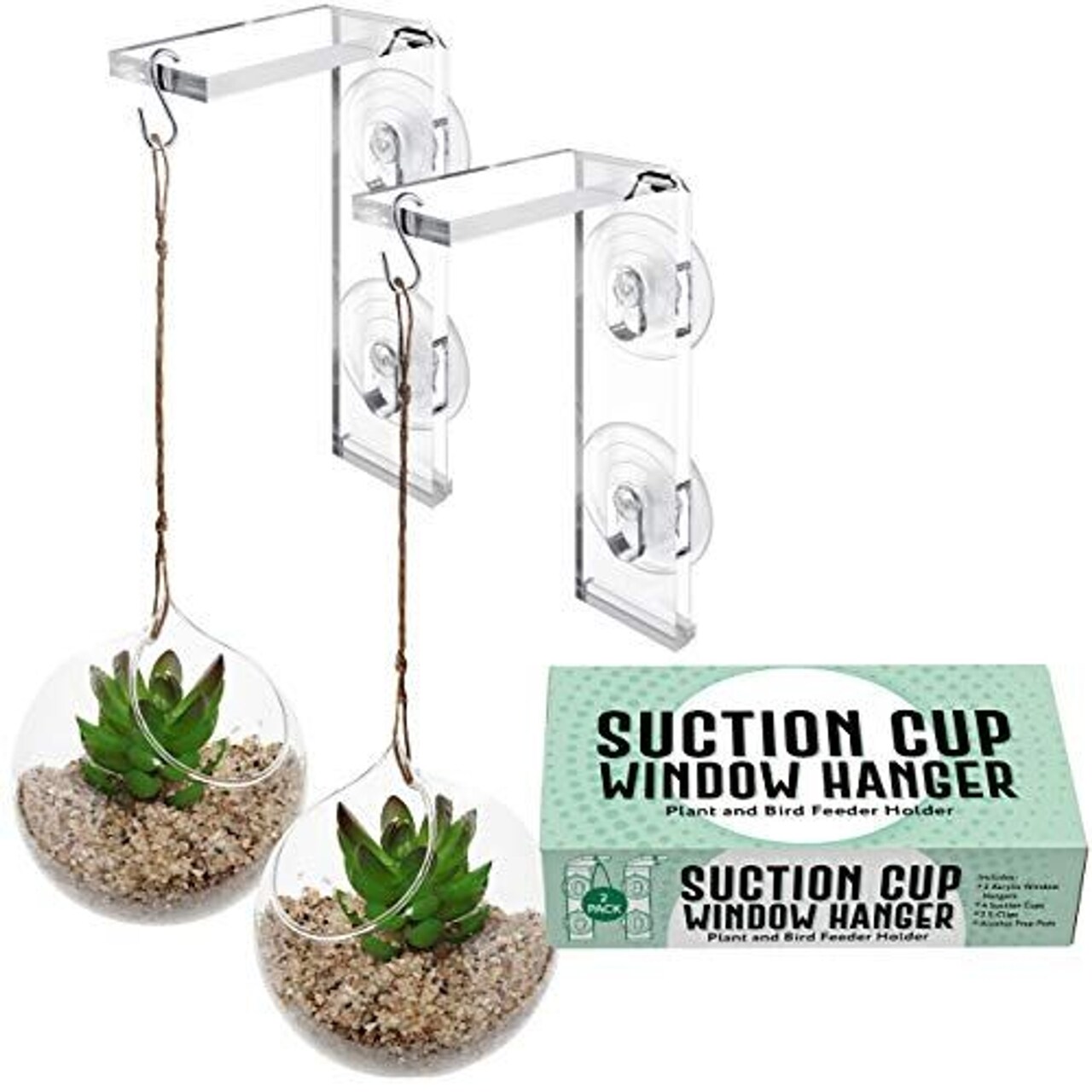 Impresa Suction Cup Window Plant Hanger - 2-Pack, Glossy Green Acrylic Easy Install Hook for Hanging Plants - Indoor & Outdoor Use Window Suction Cups & Hooks